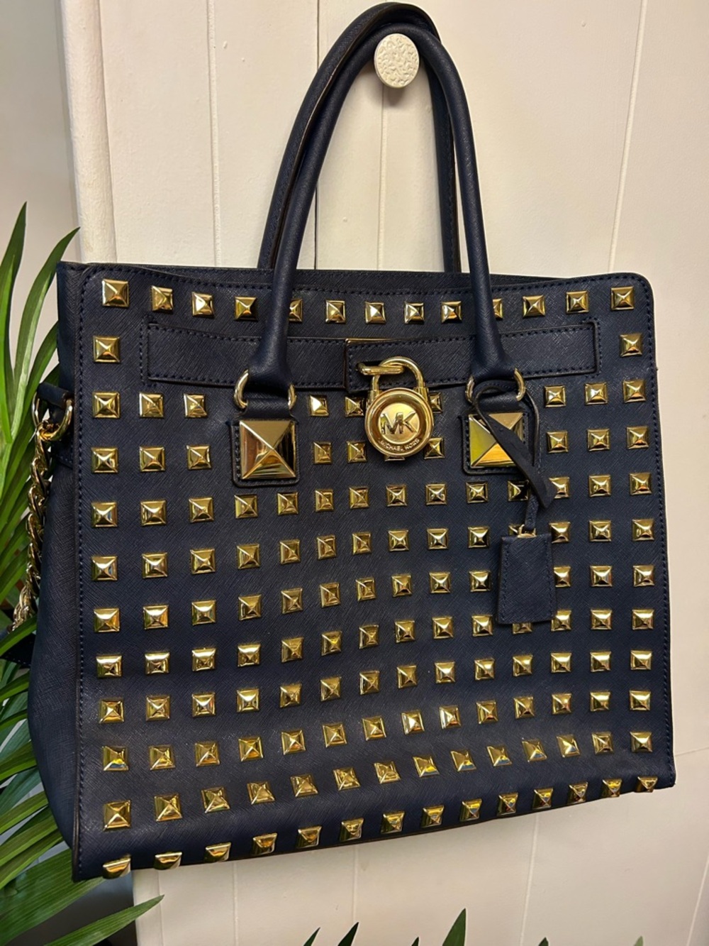 MK Navy studded Hamilton bag leather